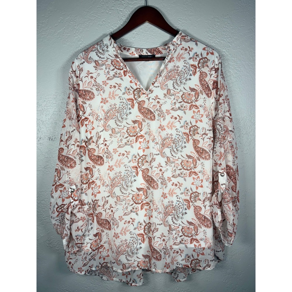 Papermoon Womens 2X Paisley Floral Chiffon V-Neck Tab Sleeve Lined Blouse Top